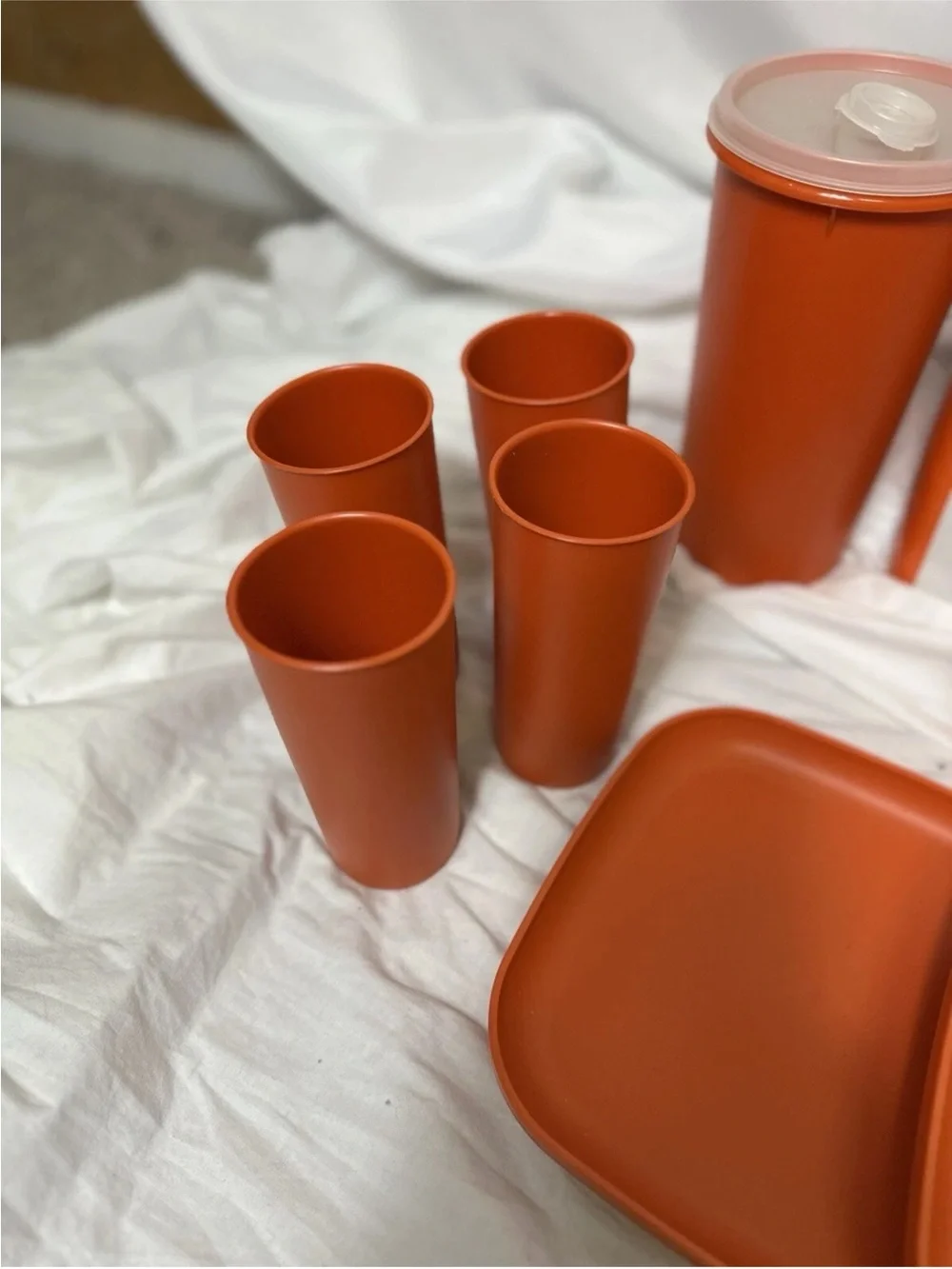 Vintage Tupperware Picnic Set Orange & White Plates, Pitcher, Bowls, Condiment